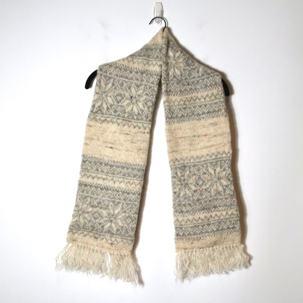 Wool Scarf Fair Isle Knitted 100% Pure Wool Winter Cream Gray